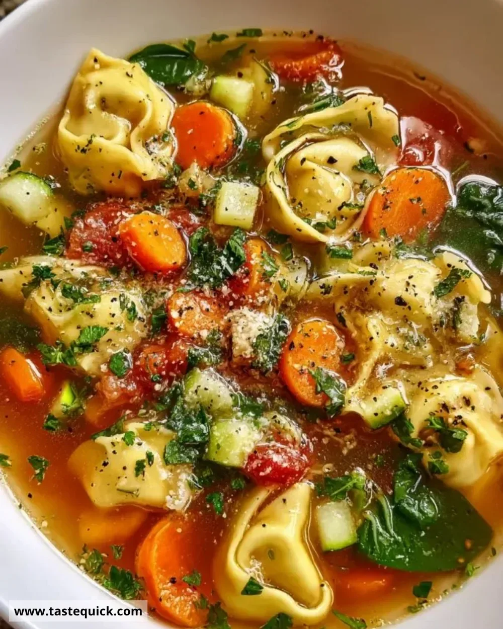 Healthy tortellini soup with vegetables and herbs served in a bowl