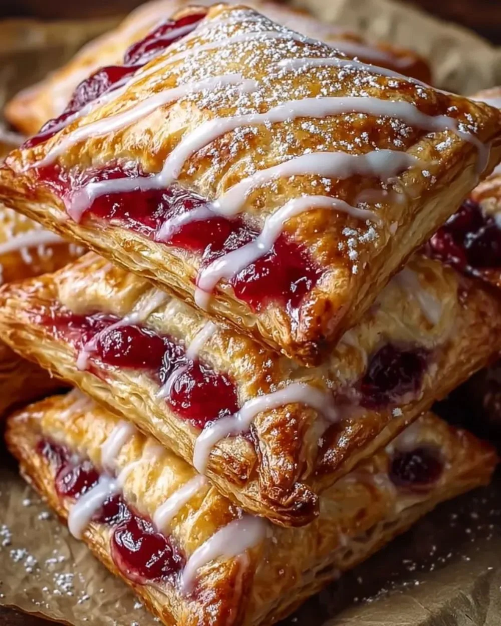 Homemade cherry puff turnovers on a plate, golden brown and delicious.