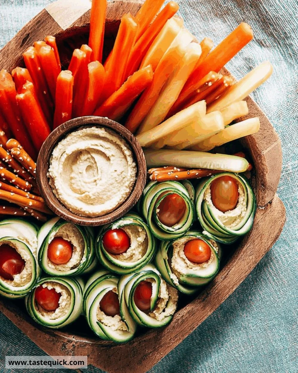 Assorted hummus snack packs with fresh vegetables and pita bread.