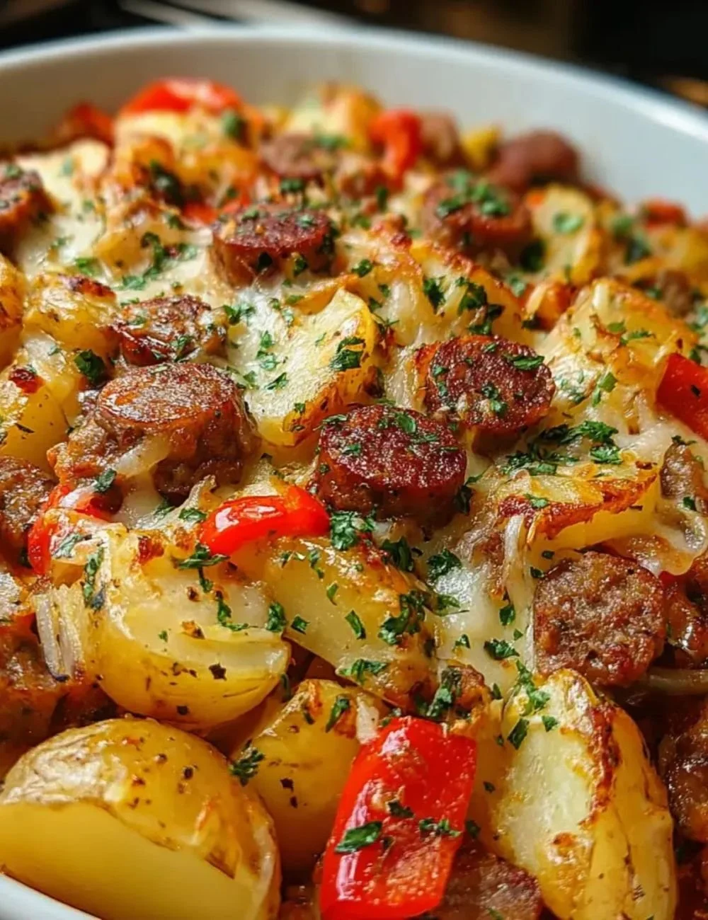 Italian sausage and potato casserole in a baking dish garnished with herbs.