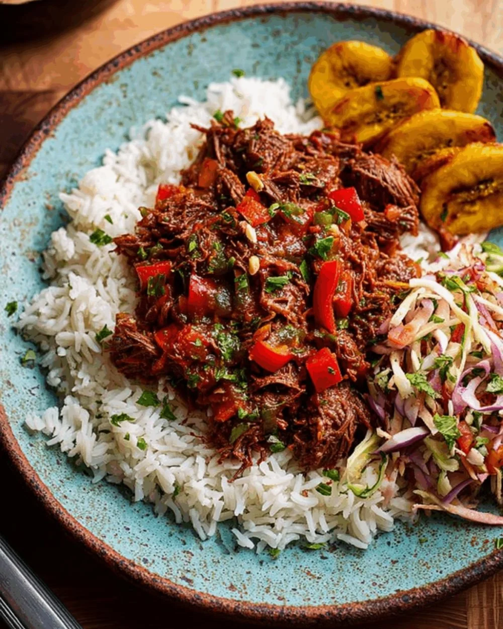 Delicious Jamaican bully beef served with rice and peas.