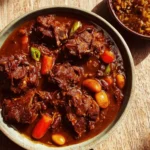 Delicious Jamaican Oxtail served with rice and peas.