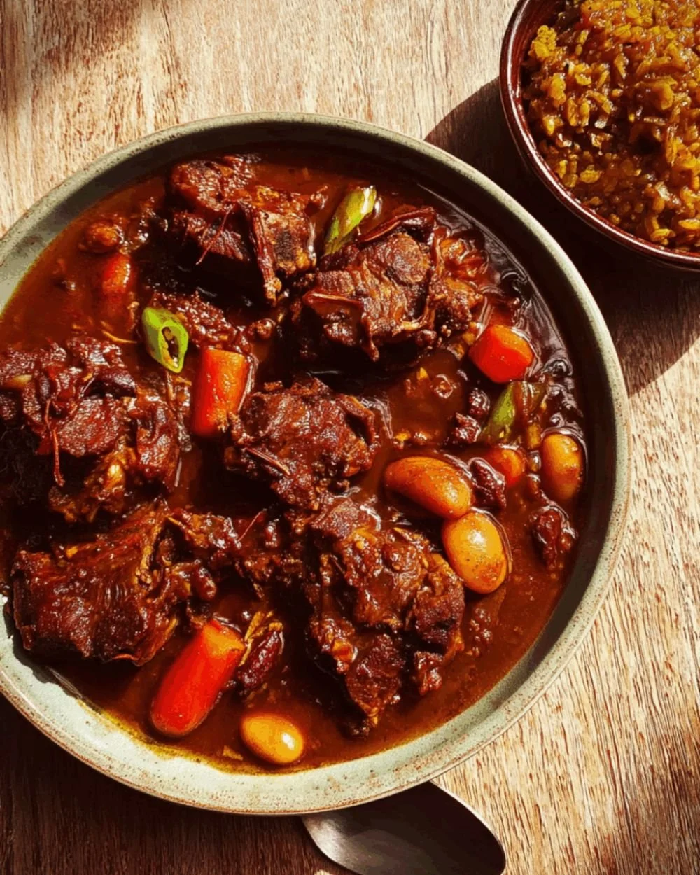 Delicious Jamaican Oxtail served with rice and peas.