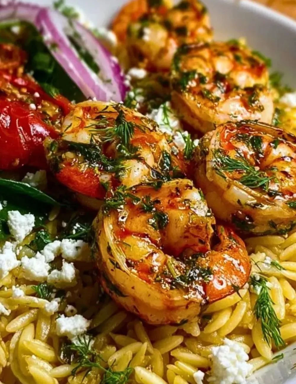 Lemon Feta Orzo with Roasted Shrimp served in a bowl