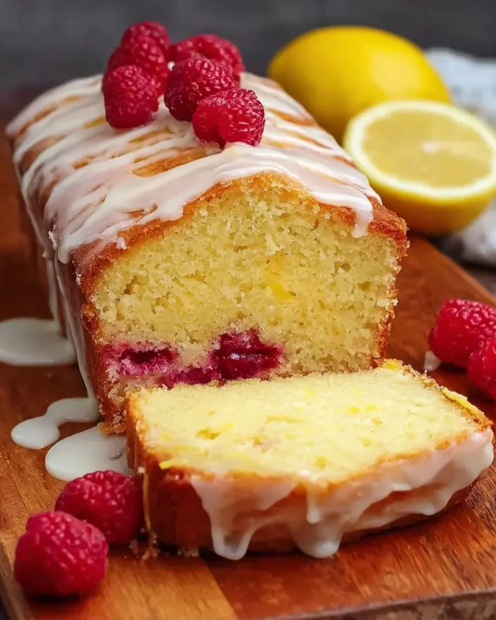 Lemon Raspberry Pound Cake with slices showcasing vibrant lemon and raspberry colors.