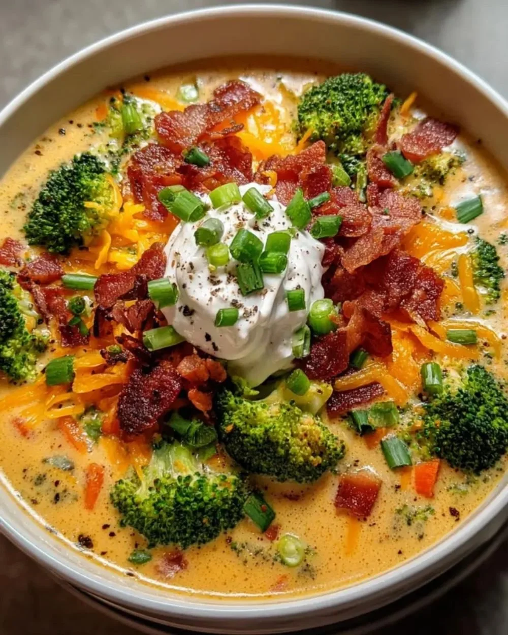 Delicious bowl of loaded broccoli cheddar soup garnished with herbs