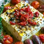 Mediterranean baked feta appetizer served with herbs and olive oil
