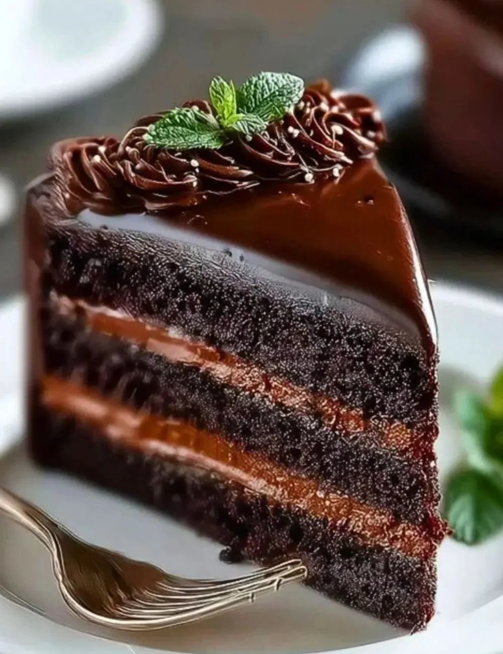 A delicious slice of Midnight Fudge Cake topped with chocolate ganache.