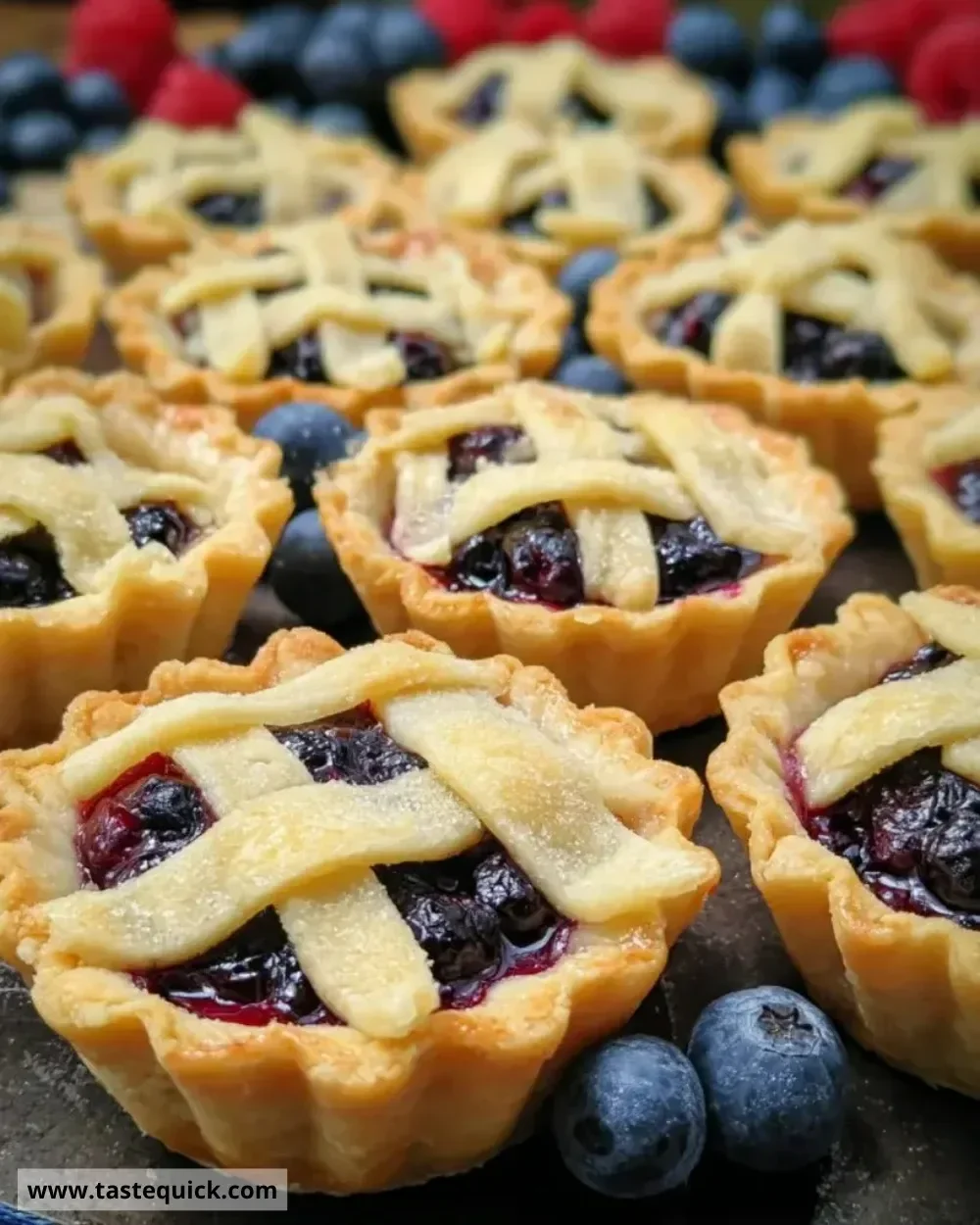 Mini blueberry pies on a rustic table with fresh blueberries