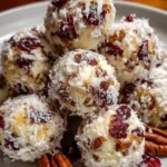 Mini pineapple cranberry cheese balls with pecans on a serving platter