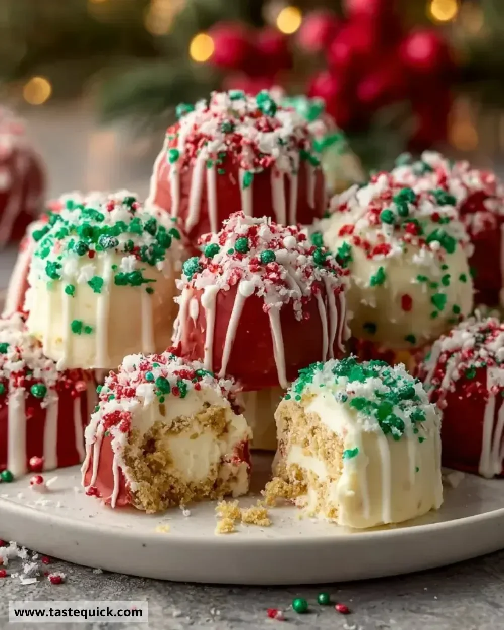No-bake Christmas cheesecake bites displayed on a festive plate
