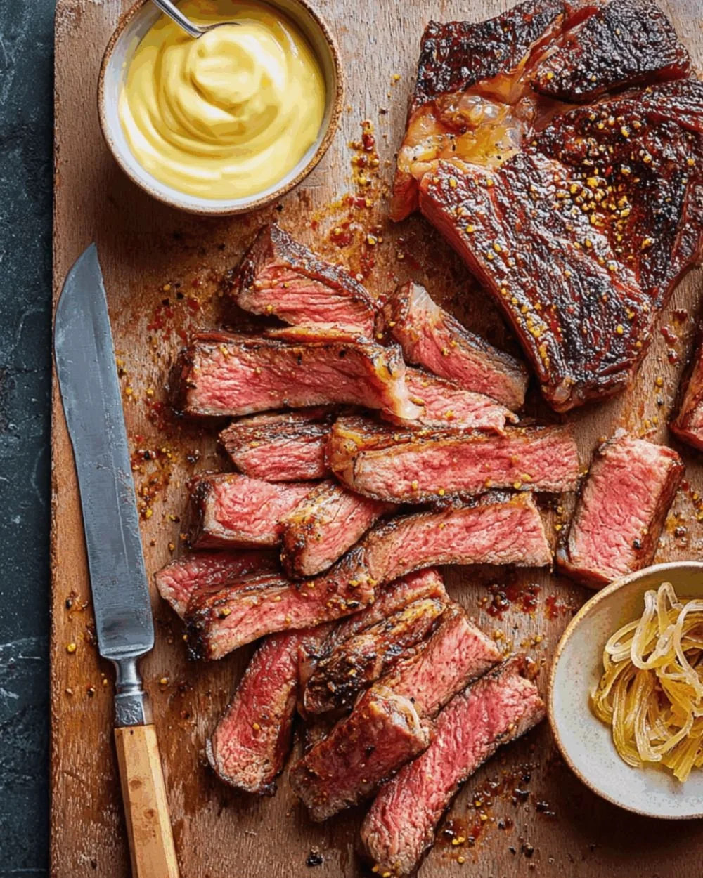 Pastrami-style steak served with mustard mayo on a plate