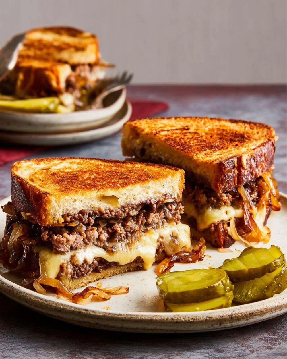 Delicious Patty Melt Toasties with melted cheese and beef on toasted bread