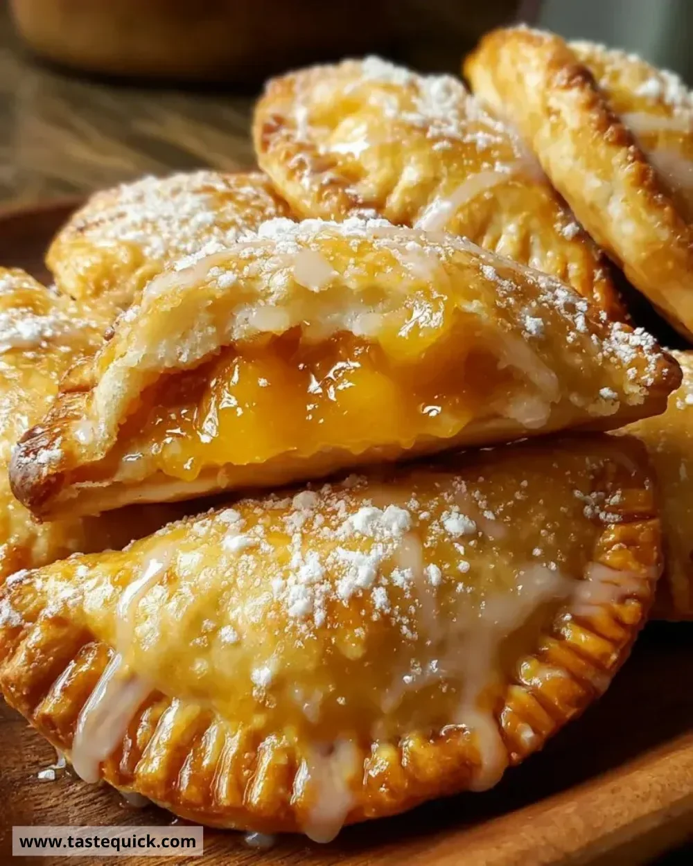 Freshly baked peach hand pies with golden flaky crusts and juicy peach filling.