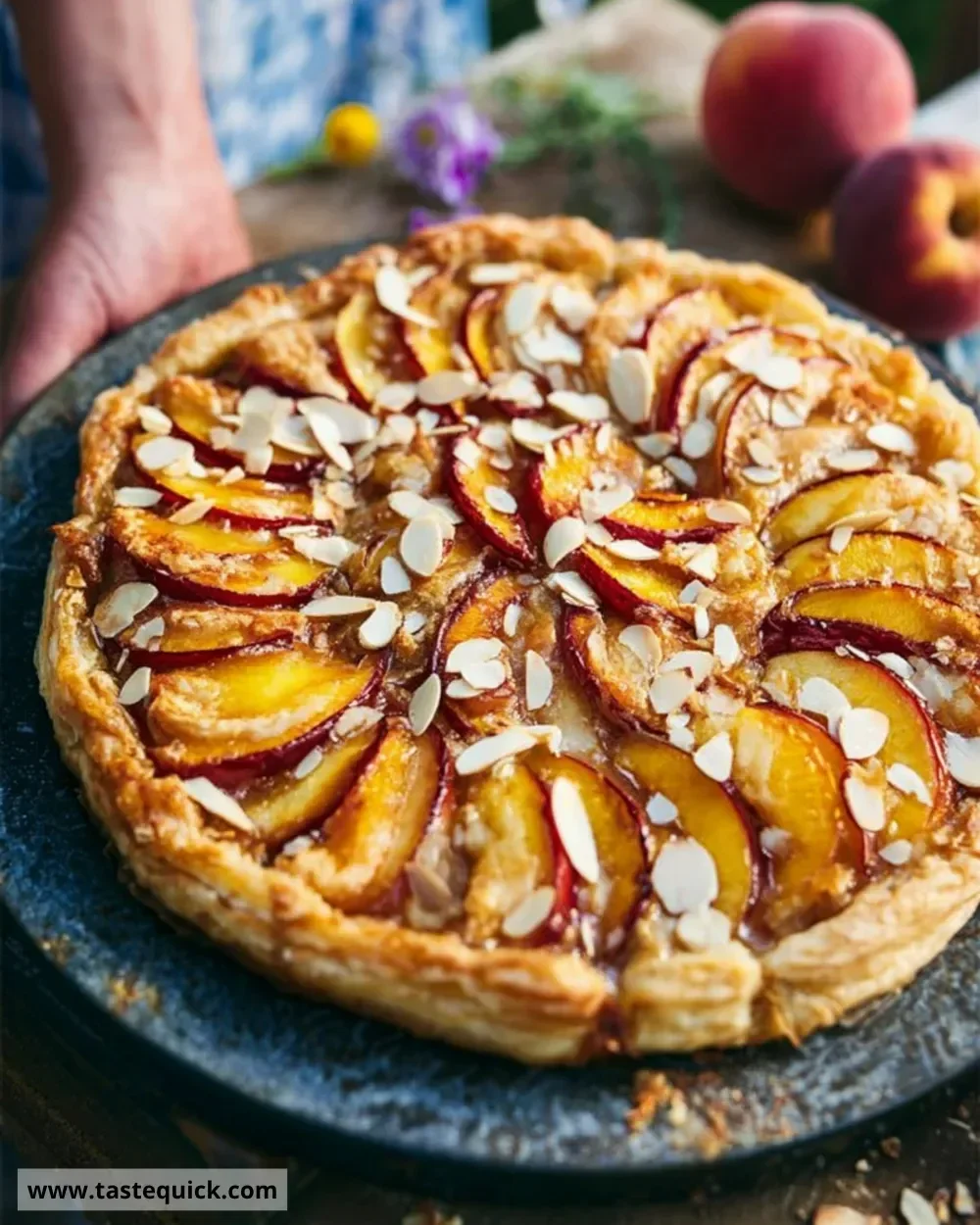 Delicious Peach Puff Pastry Tart topped with crunchy almonds