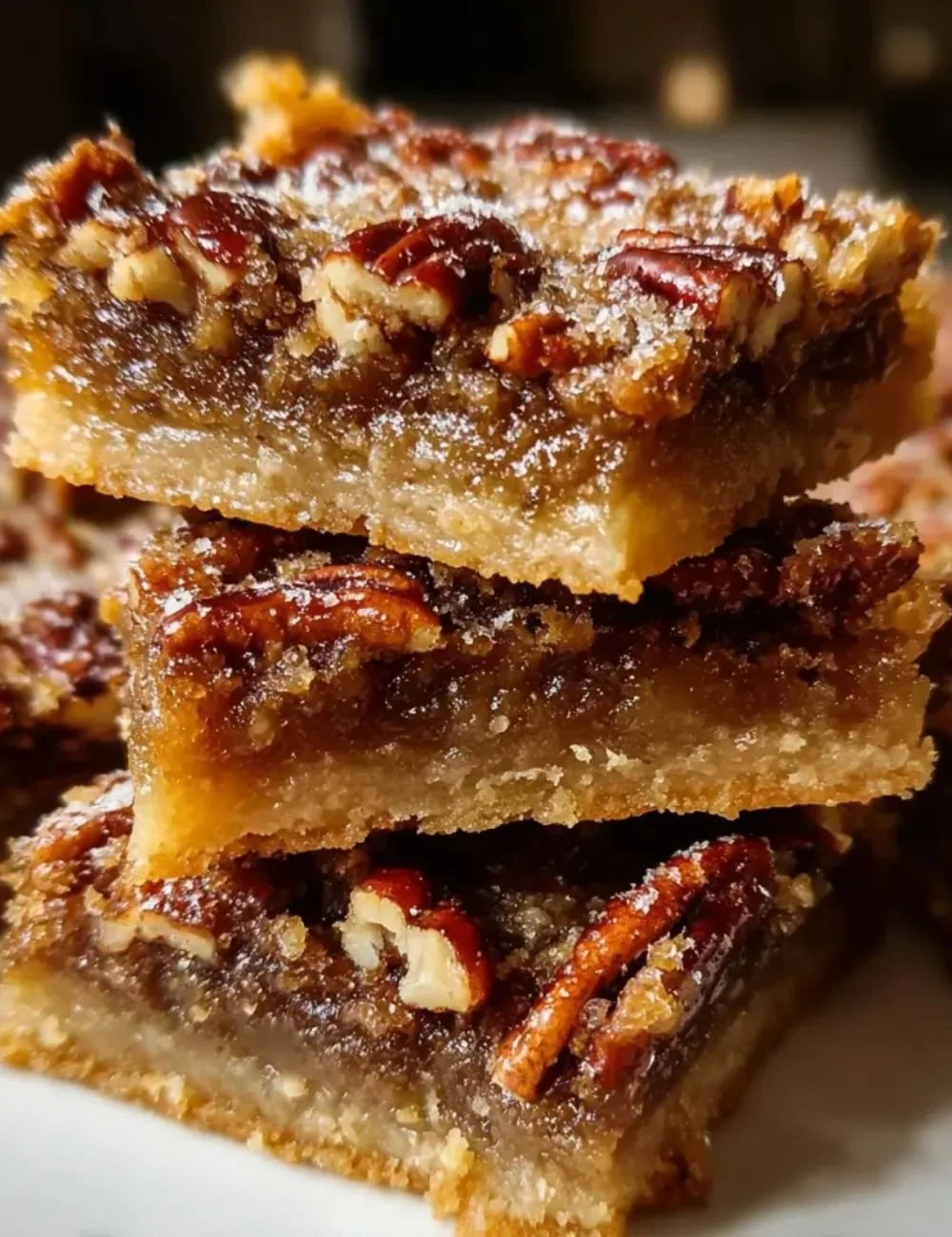 Delicious pecan pie bars topped with pecans and caramel drizzle.