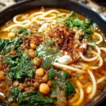 Bowl of steaming Persian Noodle Soup with fresh herbs and spices