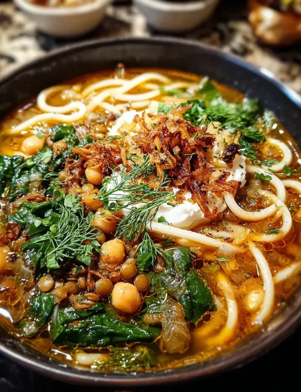 Bowl of steaming Persian Noodle Soup with fresh herbs and spices