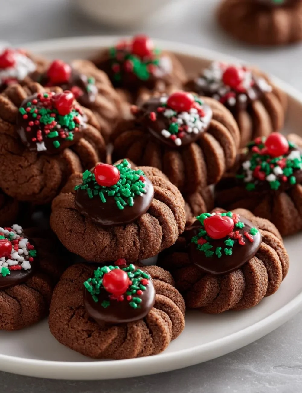 Plate of piped chocolate butter cookies with a rich chocolate flavor