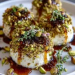 Pistachio-Crusted Brie rounds with fig jam glaze on a decorative platter