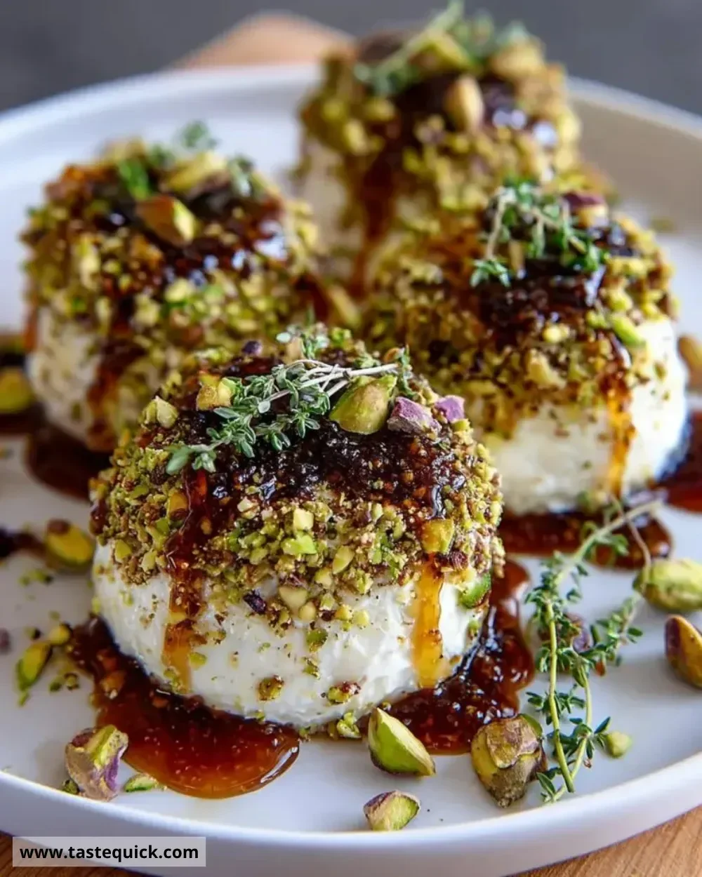 Pistachio-Crusted Brie rounds with fig jam glaze on a decorative platter