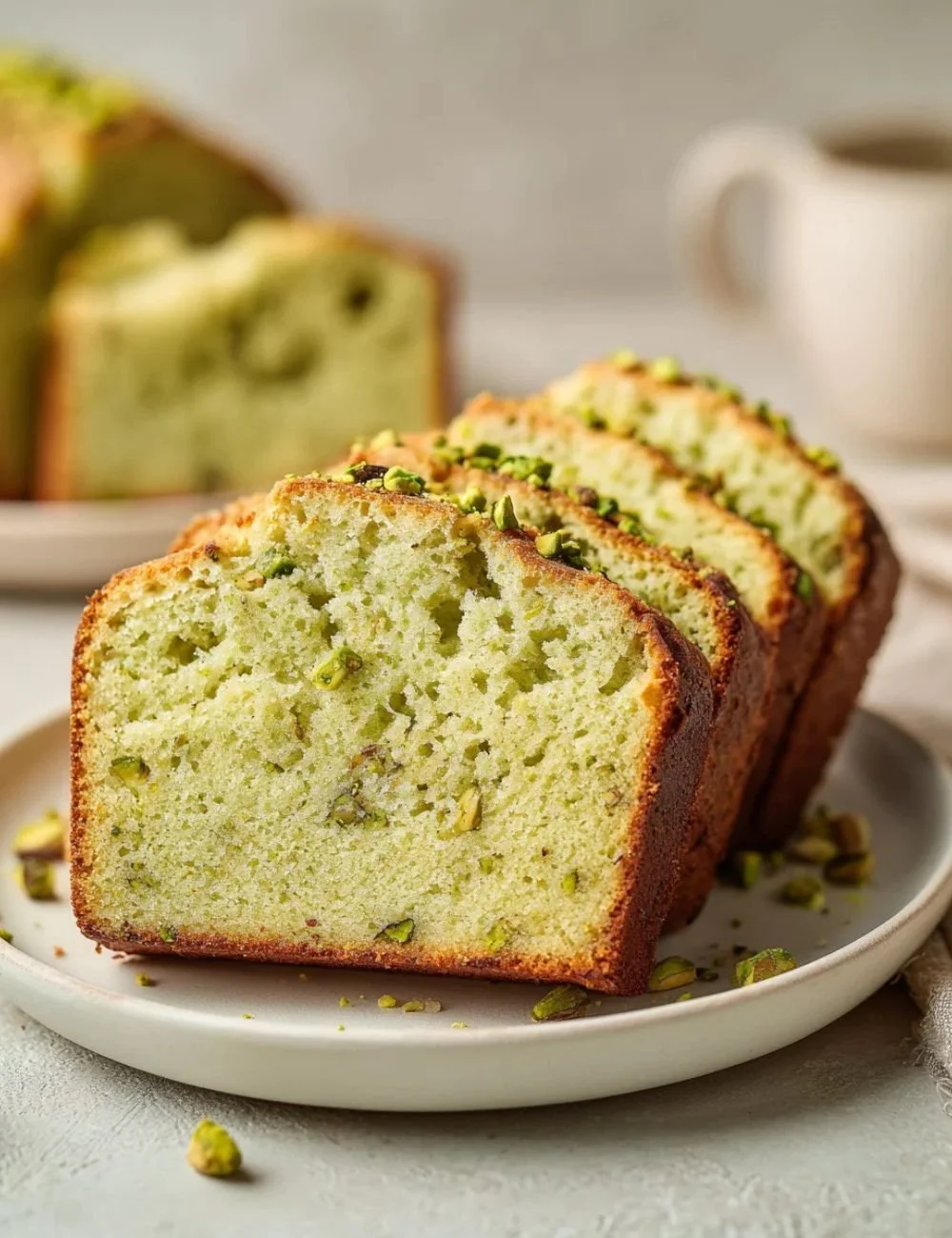 Sliced pistachio pudding bread on a wooden cutting board