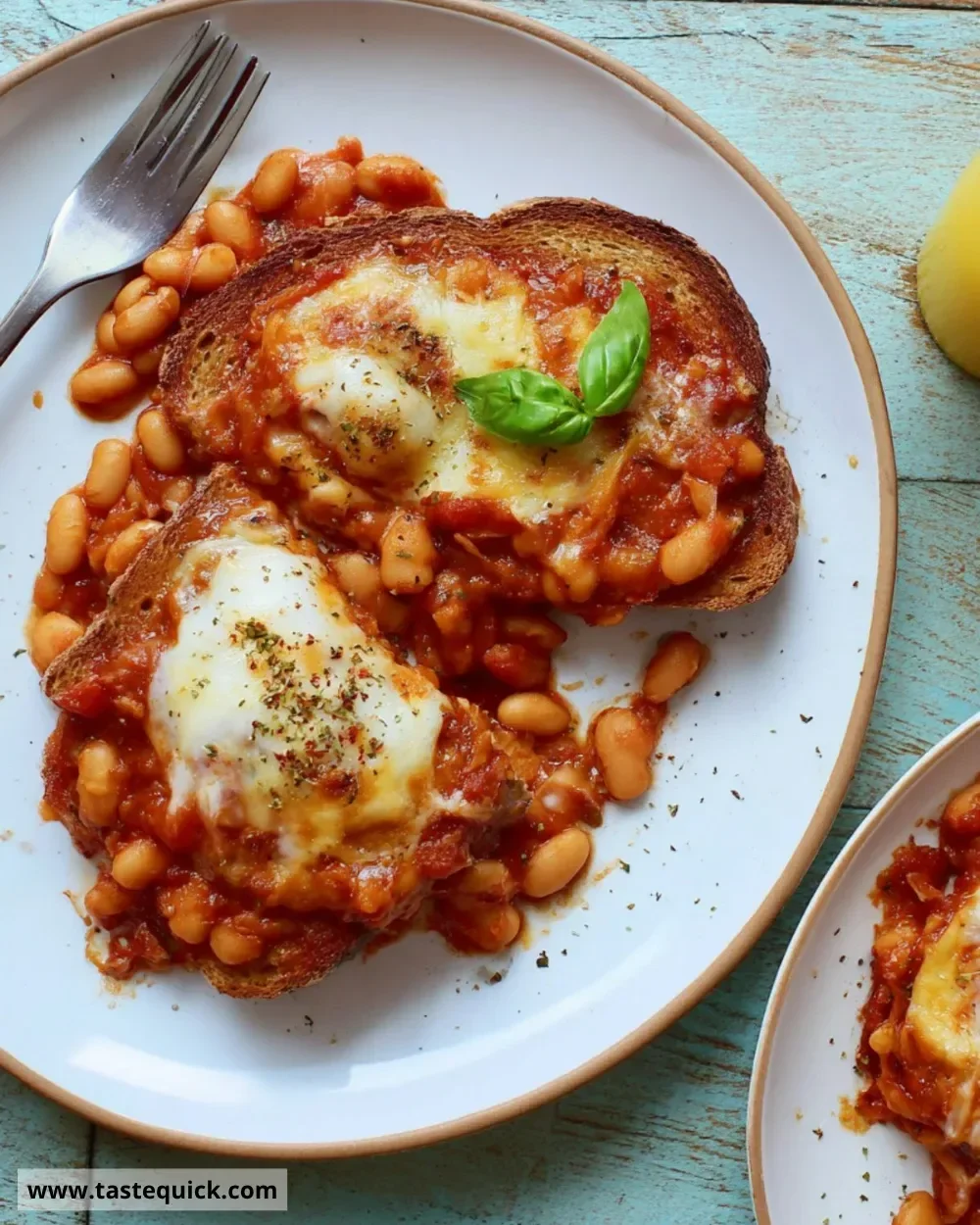 A plate of Pizza Beans on Toast garnished with herbs and cheese