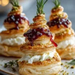 Puff Pastry Trees topped with Burrata cheese and drizzled with cranberry glaze.