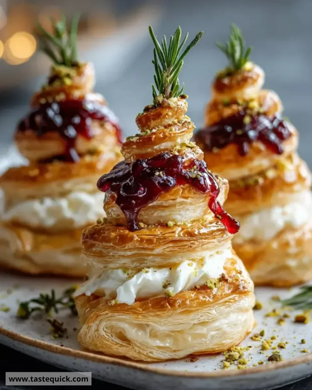 Puff Pastry Trees topped with Burrata cheese and drizzled with cranberry glaze.