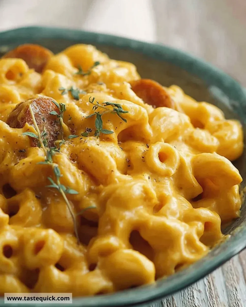 Bowl of creamy Pumpkin Mac & Cheese topped with herbs and cheese