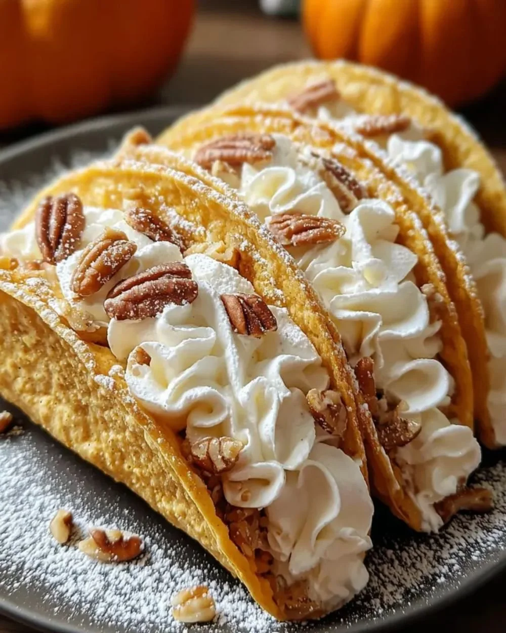 Delicious pumpkin pie tacos served on a festive autumn plate