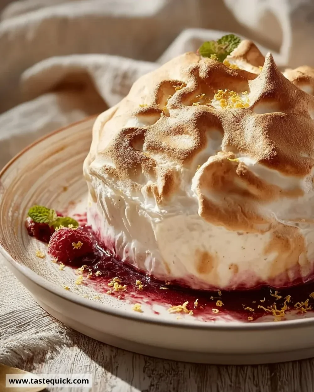 A delicious serving of Queen of Puddings topped with meringue and jam.