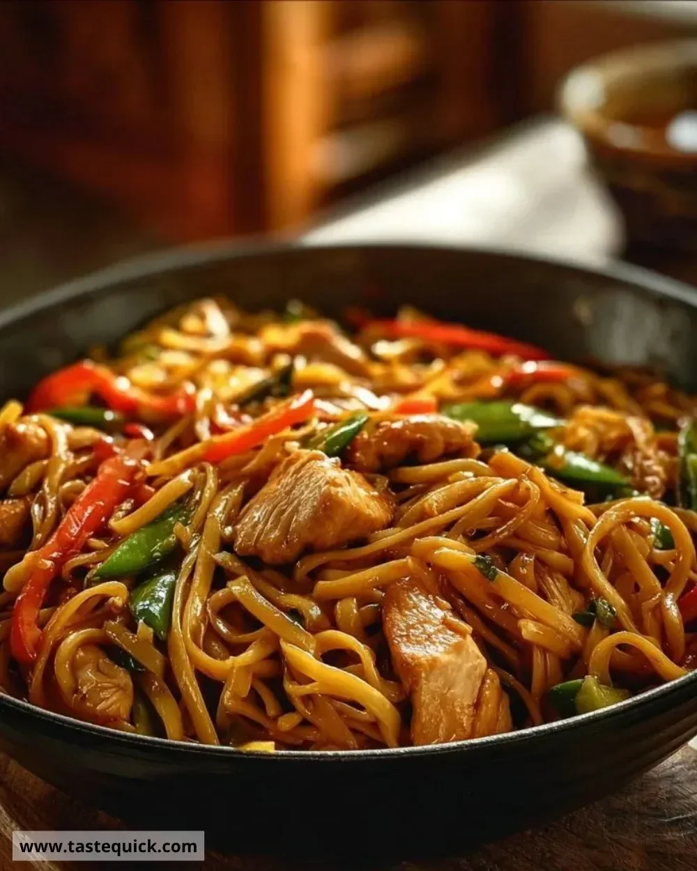 Plate of quick and easy chicken lo mein with vegetables and noodles