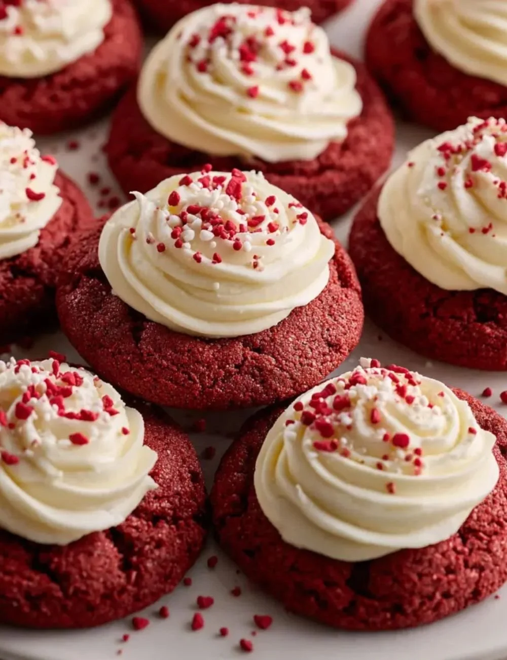 Delicious red velvet cookies with cream cheese frosting on a decorative plate.