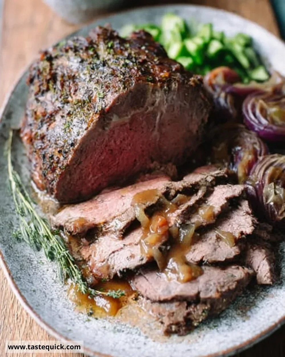 Tender roast beef served with rich caramelised onion gravy