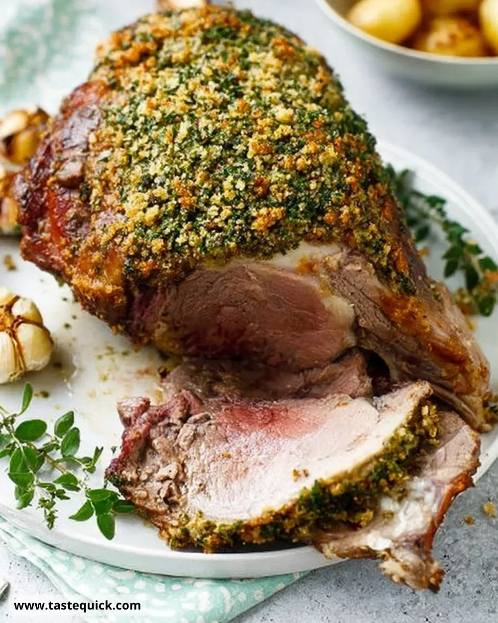 Roast Lamb with Spring Herb Crumbs served with seasonal vegetables
