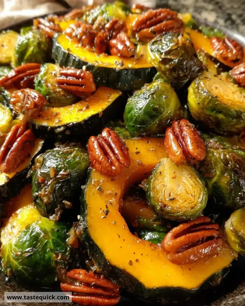 Roasted acorn squash with Brussels sprouts on a plate, garnished and ready to serve.