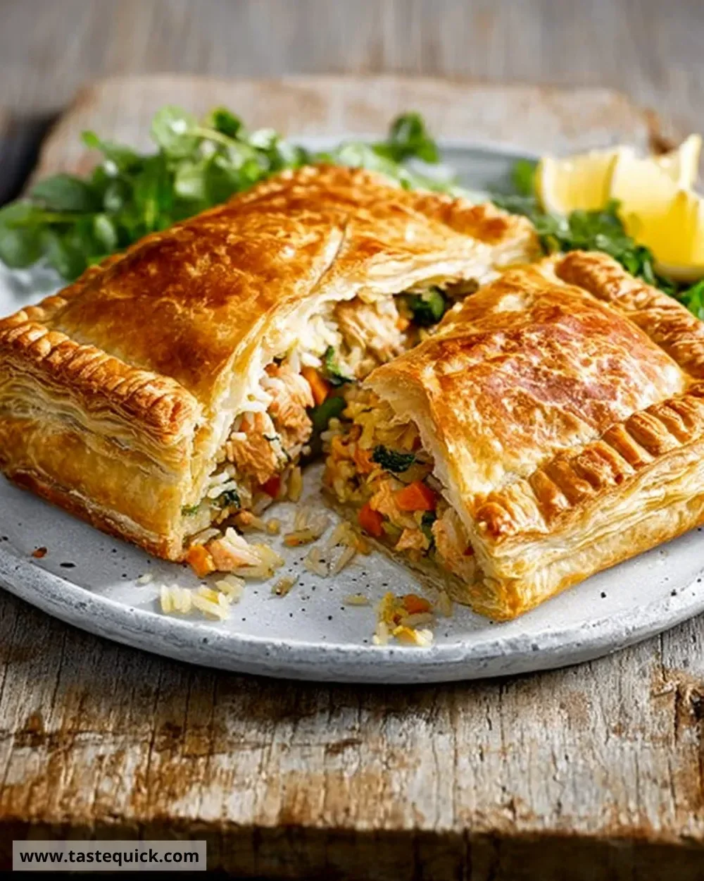 Salmon and lemon rice pastry parcel on a plate, garnished and ready to serve.