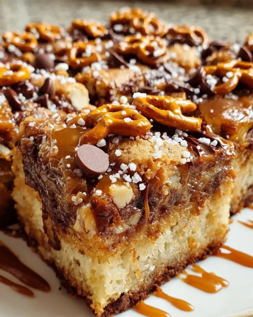 Delicious Salted Caramel Pretzel Blondies with a sweet and salty topping