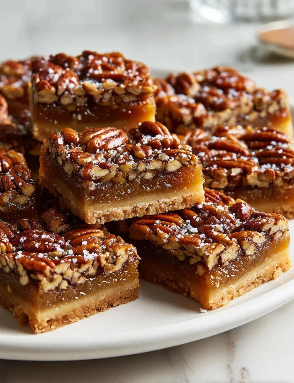 Delicious Salted Maple Pecan Pie Bars topped with sea salt and rich maple flavor.
