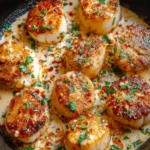 Plate of seared scallops drizzled with spicy Cajun cream sauce