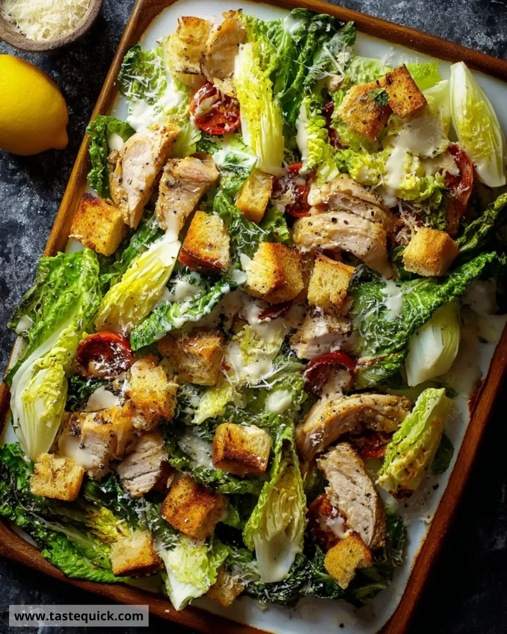 Delicious Sheet Pan Chicken Caesar Salad with crisp romaine lettuce and grilled chicken