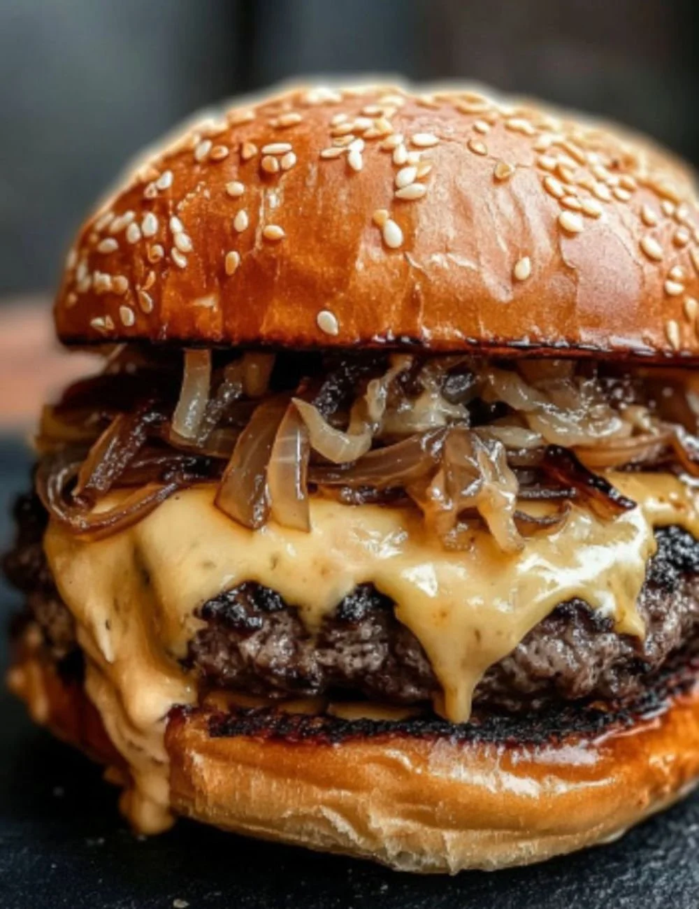 Delicious freshly made smash burger with toppings and sauces