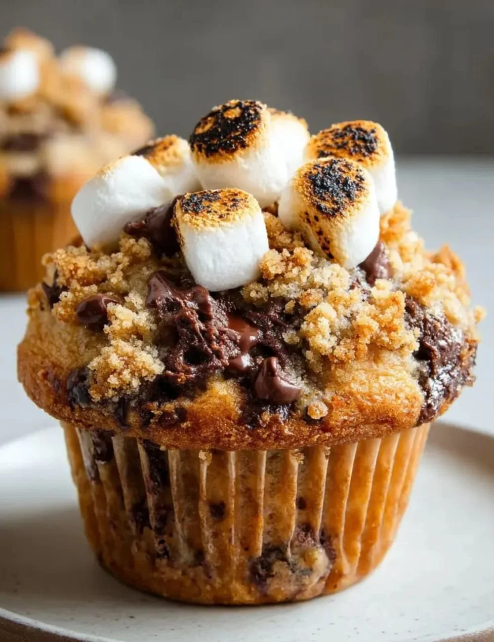 Delicious S’mores chocolate chip muffins topped with marshmallow and chocolate.
