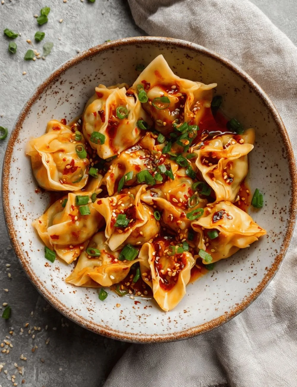 Delicious spicy chilli oil chicken wontons served with dipping sauce.