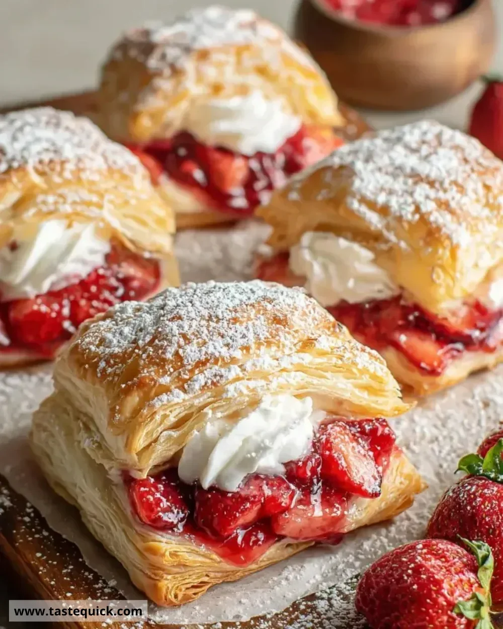 Delicious strawberry puff pastry with flaky layers and fresh strawberries