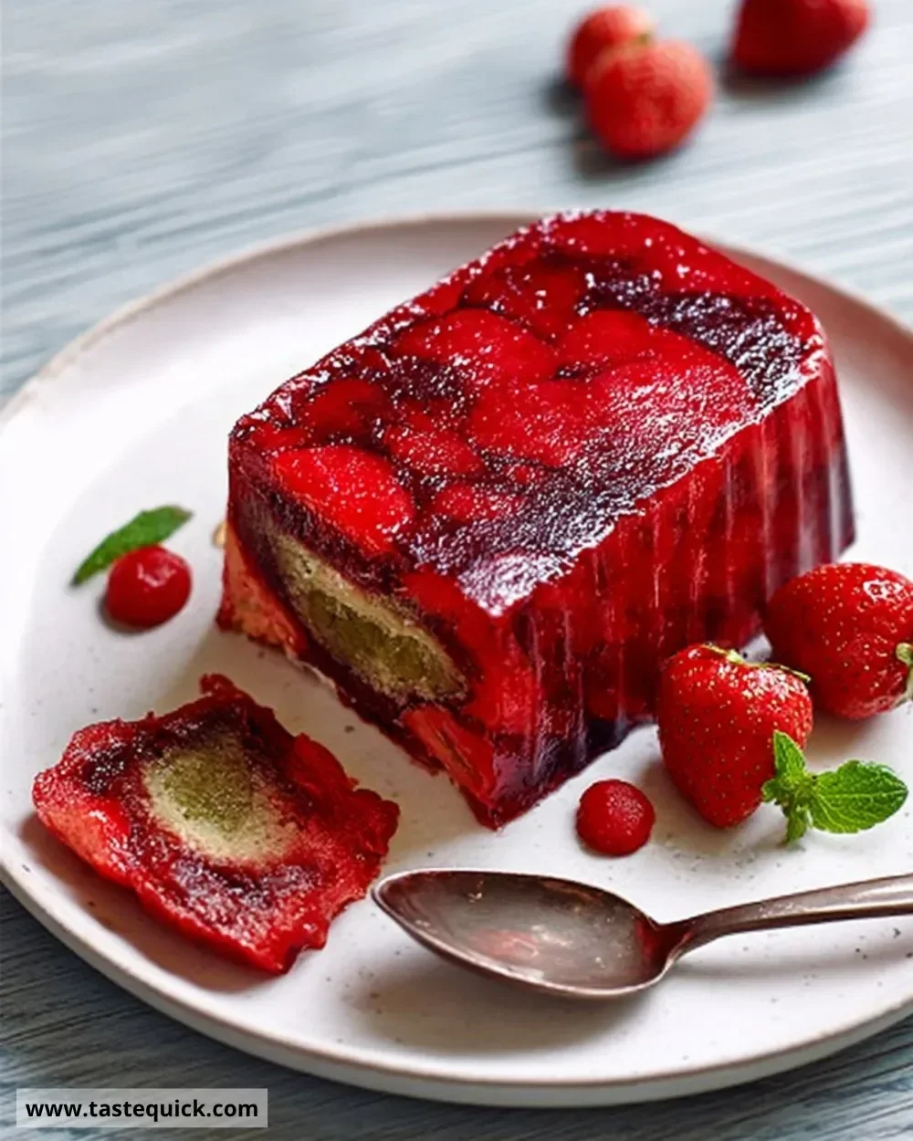 A slice of Strawberry Jelly Summer Pudding with fresh strawberries on top