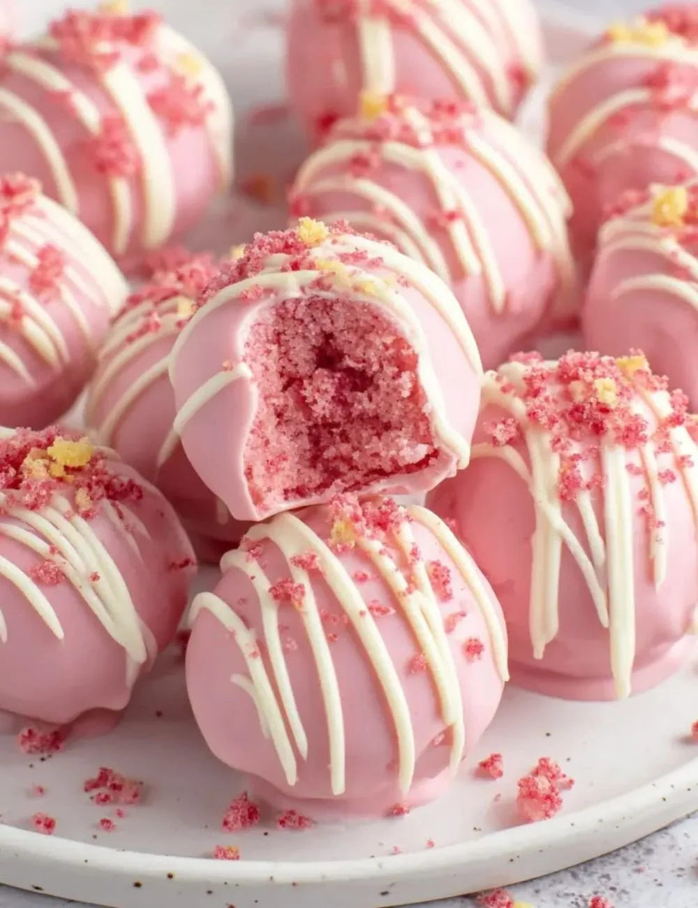 Strawberry Shortcake Truffles decorated with fresh strawberries and cream.