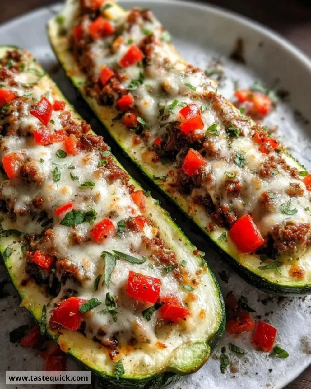 Delicious stuffed cheese zucchini boats ready to be served.