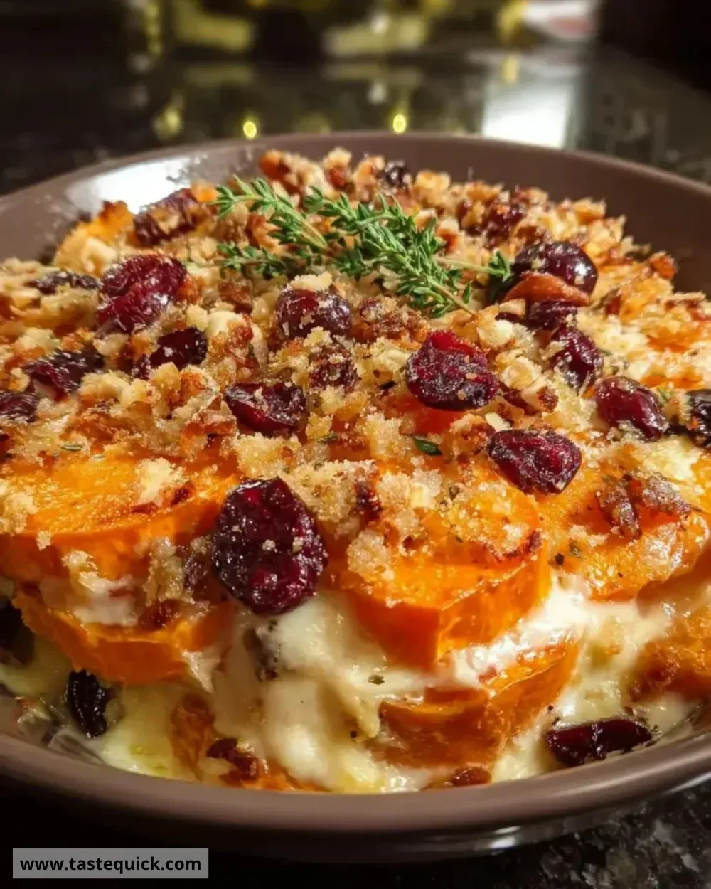 Delicious Sweet Potato Cranberry Gratin with layers of sweet potatoes and cranberries